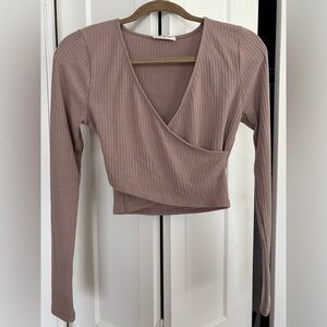 Zenana Outfitters Tan Ribbed Wrap Blouse